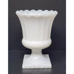 Anchor Hocking Milk Glass 6" Fluted Vase Urn Planter Scalloped Top Edge Square P